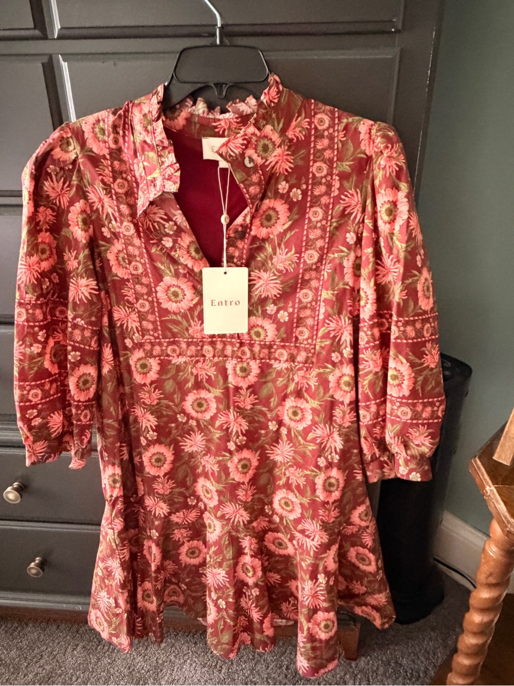 entro Rose-Pink Floral Mini Dress with Button V-Neck